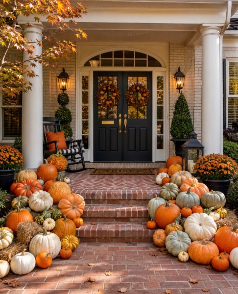 A fall porchscape with pumpkins and seasonal accents